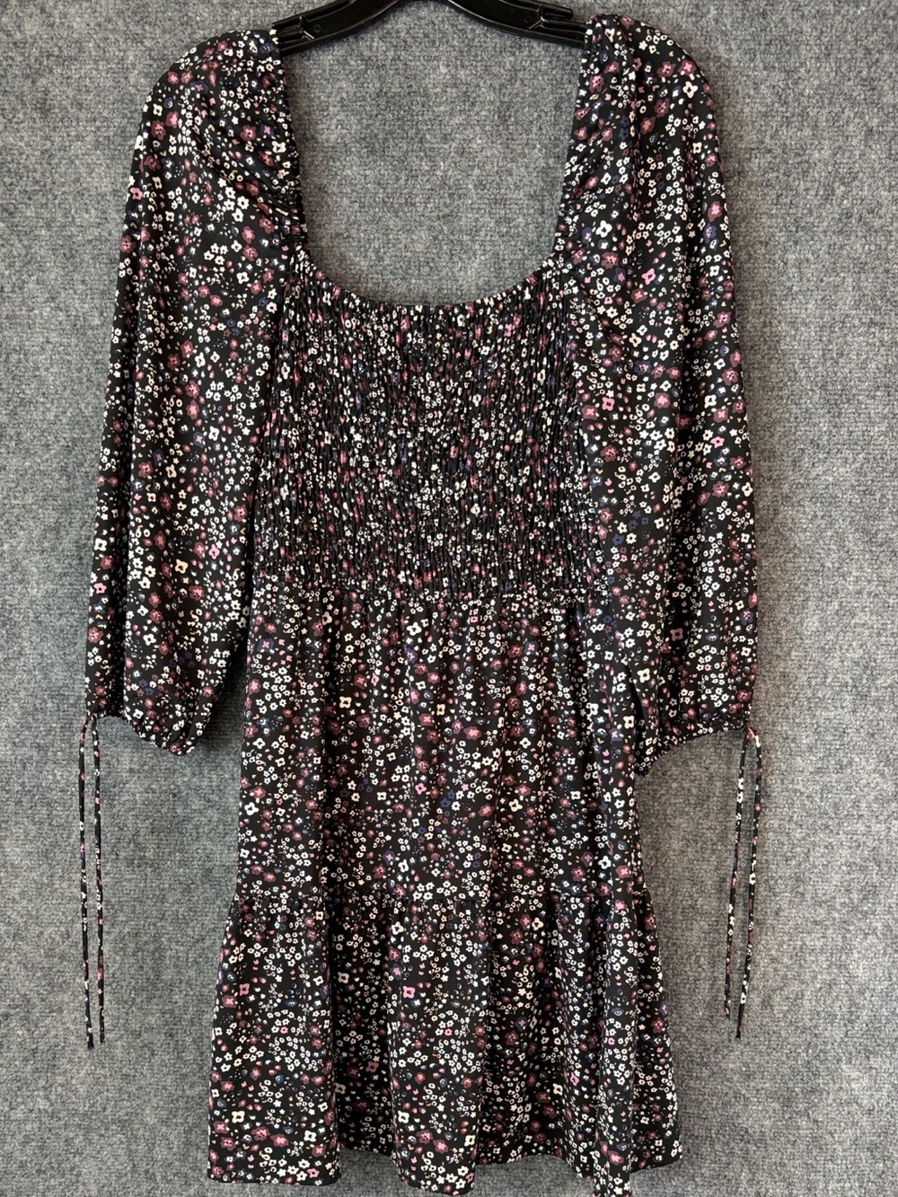 Topshop Black Floral Midi Dress with Pink, White & Purple Flowers